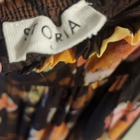 Storia Sheer Floral Brown printed Midi dress Bustier Ruffled Hem Large Strapless - Picture 8 of 10